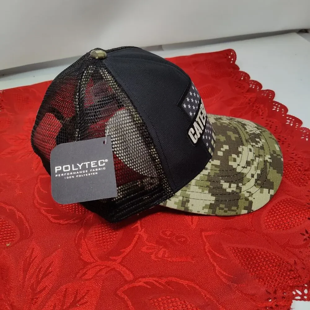 CAT Caterpillar Trucker Hat Digital CAMO Flag Men's Adjustable Mesh